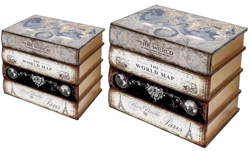 Bellaa 28236 Decorative Box Set of 2 Secret Storage Vintage World Map Wooden Heavy Duty Bookends for Shelves Home Office School Library Decor Book Ends Shelf Holder Stoppers Supports