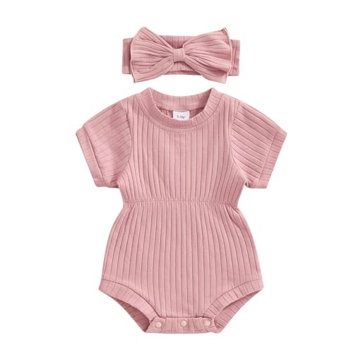 Image of FOCUSNORM Baby Girl Summer Clothes Ribbed Short Sleeve Romper Solid Color Bodysuits Bow Headband Outfit Newborn Girl Jumpsuit