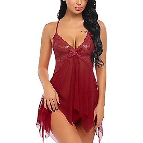 YaShaer Womens Sexy Lace Lace Chemise Nightwear Sleepwear Set V Neck Babydoll with G-String Red Size L Cover