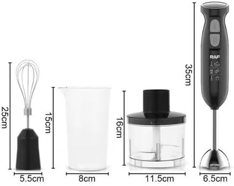 Diagram showing dimensions of the RAF R.327 hand blender components: whisk (25cm height, 5.5cm base), measuring cup (15cm height, 8cm diameter), chopper bowl (16cm height, 11.5cm diameter), and motor unit with blender shaft (35cm height, 6.5cm base).