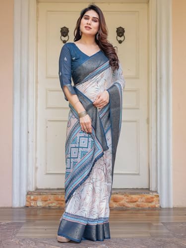 Image of ALMAARI FASHION Floral Printed Cotton Saree for Women with Handloom Zari Weave, Traditional Lightweight Ethnic Saree for Wedding Festive Office Party with Blouse Piece (LINEN 81-90 SH)