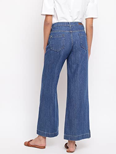 Image of Tales & Stories Women's Solid Dark Blue Cotton Ankle Length Flared Jeans-Y115110