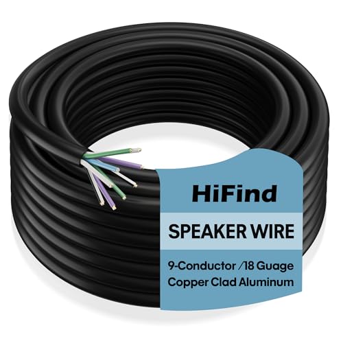 18 AWG 9-Conductor Speaker Wire Cable 20 Ft, 4-Channel CCA Stranded Hiding Primary Wire Low Voltage Remote Wire, Ultra-Flex and Easy Peel Jacket for Trailer, Car Marine Home Audio System-Black+Ties