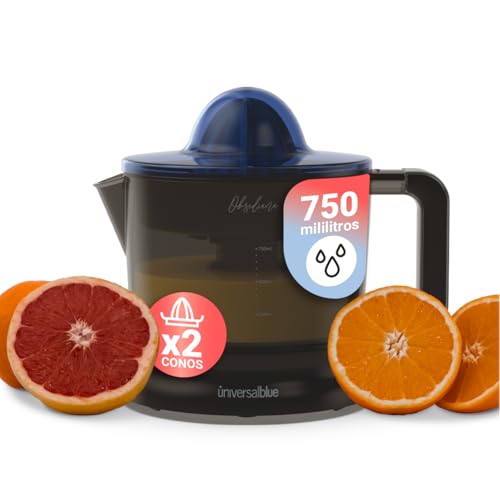UNIVERSALBLUE Exprimidor de Naranjas Eléctrico de Vaso | 2 Filtros para Zumo sin Pulpa | Recogecable | 40W de Potencia