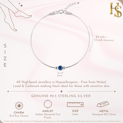 Image of HighSpark 925 Silver Anklet Payal | 92.5 Sterling Silver & Stunning Shine | Evil Eye Anklet & Minimal Elegant Anklets | Lovely Gift
