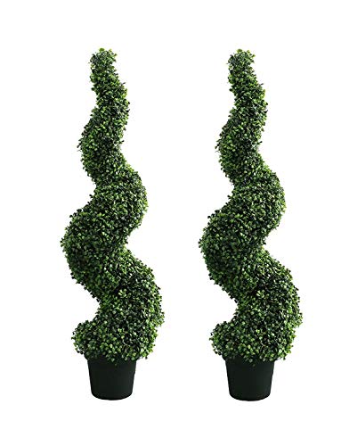 momoplant 2 Set Artificial Spiral Boxwood Topiary Trees, 4 Ft / 120cm Realistic Buxus for Outdoor and Indoor Decor with Black Pot