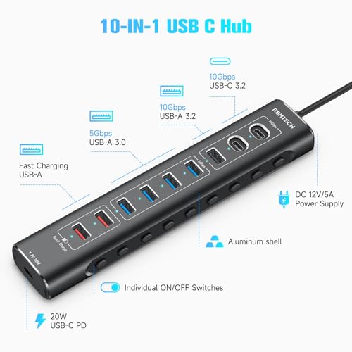 RSHTECH 60W Powered USB Hub, 10-Port USB-C Hub with 3x USB 3.2 10Gbps Data Ports (2C+1A) - Image 2