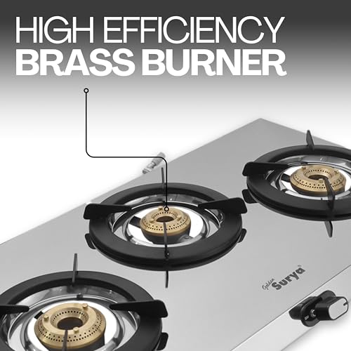 Image of Golden Surya Omega 3 Burner Stainless Steel Gas Stove | 5G Forged Brass Burners | Ultra Slim Body | Heavy MS Pan Supports | Manual Ignition | 18 Months Warranty