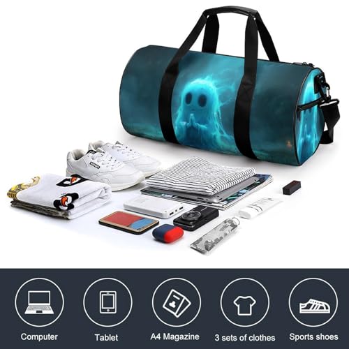 Funny Halloween Ghost Travel Gym Bag for Women Men Ghost Praying to The Sky Gothic Dark Academia Creepy Spooky Cylindrical Duffle Bag Sport Workout Bag with Shoulder Strap4