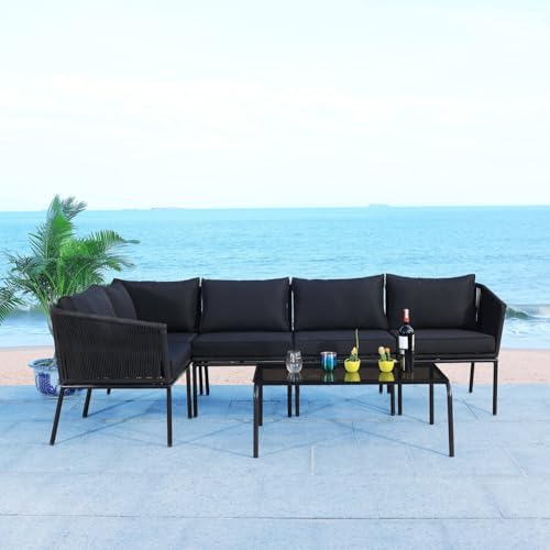 Image of DEVOKO Outdoor 3 Piece Rope Patio L-Shape Sofa All Weather Washable Cushion with Center Table for Garden, Pool, Deck, Balcony, Backyard (Black & Black)