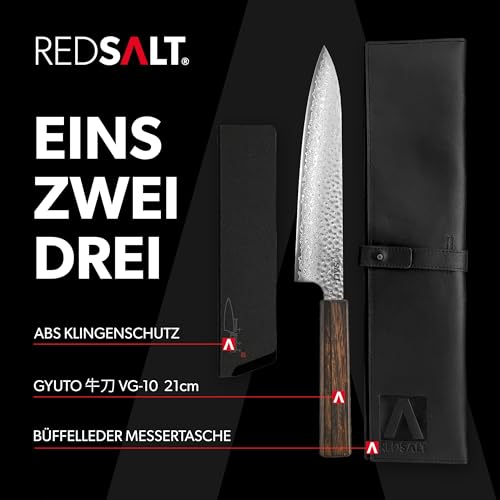 REDSALT® Professional Series GYUTO 牛刀 21cm Damaststahl 69 Lagen Chefmesser handgefertigt in Japan | Profi Kochmesser & Ledertasche | Damast Hammerschlag Klinge | Damastmesser Küchenmesser