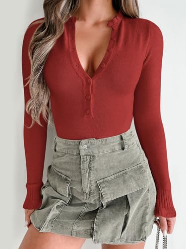 MASCOMODA Womens Fall 2024 V Neck Button Down Knit Bodysuit Sweater Long Sleeve Fitted Ribbed Bodysuit Tops Dressy Casual2