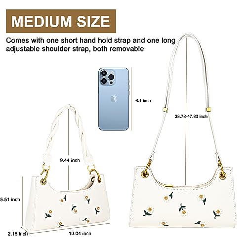 White Daisy Embroidery Underarm Crossbody Shoulder Bag with 2 Removable Straps2