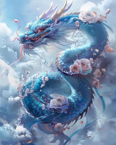 LEYIUYIU 11CT Pre-Printed Cross Stitch Kit for Adults Beginners Children DIY Advanced Handmade Art Lovers Wall Decoration Crafts - Floral Green Dragon - 40x50cm