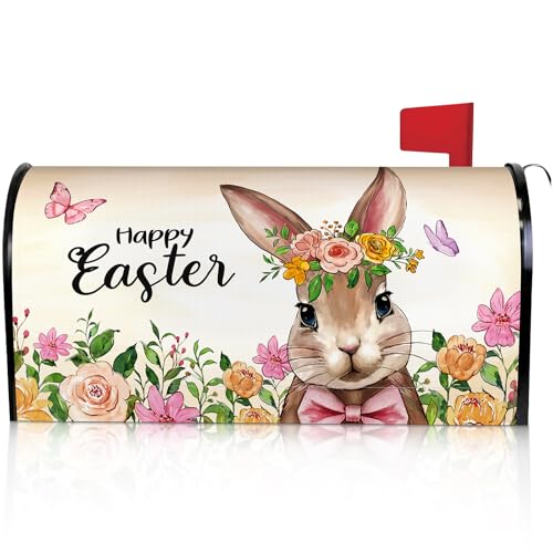 Saillong Happy Easter Mailbox Cover Magnetic Standard Size 21" x 18", Spring Easter Bunny Mailbox Cover with Cute Rabbit Flower and Butterfly Decor Post Letter Box Wrap for Home Outdoor Garden Yard