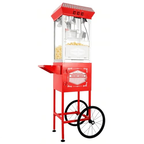 Image of Vintage Popcorn Machine with Cart & Wheels - 12 Oz Stainless Steel Kettle Makes 48 Cups, Portable Retro Cart for School, Church, Party, Carnival, Movie Theater, Concession & Home Use (Red)