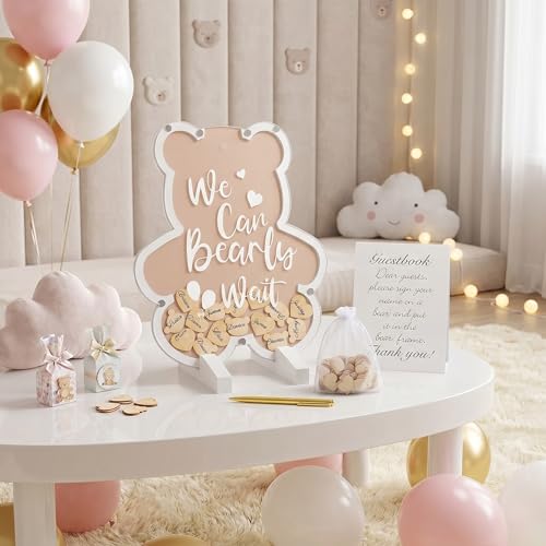 Image of Kosiz We Can Bearly Wait Acrylic Baby Shower Guest Book Alternatives Decorations with Wooden Hearts for 60 Guests Baby Shower Sign Picture Frame Pregnancy Keepsake Edition for Soon to Be Mom (Brown)