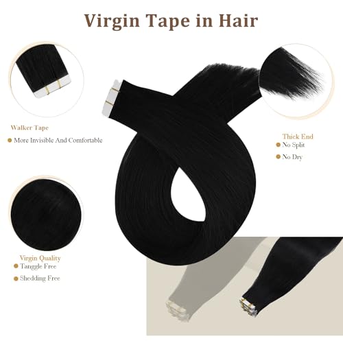 Image of Full Shine Virgin Tape in Hair Extensions Color 1 Jet Black Tapes Extensions 14 Inch Remy Hair Extensions Tape in 25 Gram Double Sided Tapes Hair Extension 10 Pcs Long Lasting for Women