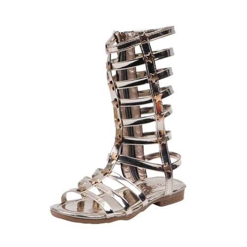 Girls Summer Knee High Rivet Gladiator Sandals Strappy Beach Roman Shoes with Side Zipper