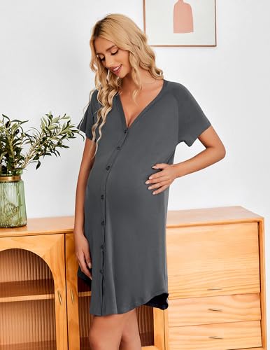 Image of Ekouaer 3 Pack Women's Nightshirt Button Down Nightgown Short Sleeve Sleepshirt V Neck Pajama Dress with Pockets