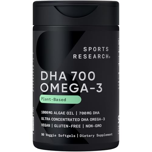 Sports Research Vegan DHA 700mg - Cognitive Support Brain Support Supplement with Omega-3 DHA from Algae Oil - Vegan Certified Non-GMO Gluten Free - 90 Count Softgels