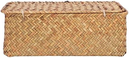 Miniatura 2 de Cesta de almacenamiento de pastos marinos, cesta de almacenamiento con tapa, papeleras tejidas ecangulares con tapas, organizador de escritorio,