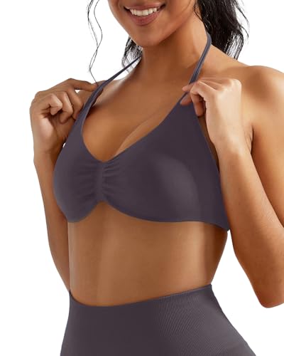 Image of OMKAGI Halter Sports Bras for Women Padded Strappy Bra Open Back Workout Gym Crop