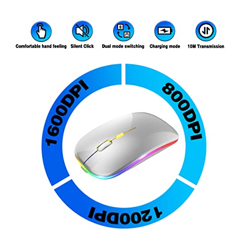 Wireless Bluetooth Mouse, Led Breathing Light Slim Mute Mouse,Portable(Usb 2.4G+Bluetooth 5.2/3.0)Dual Mode Optical Computer Mice, 3 Adjustable Dpi. For Laptop,Ipad,Pc,Android,Macbook,Tablet.(Silver) #TOP4