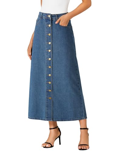 Vrtige Women's Casual Button Down High Waisted A Line Jean Midi Long Denim Skirt with Pockets3