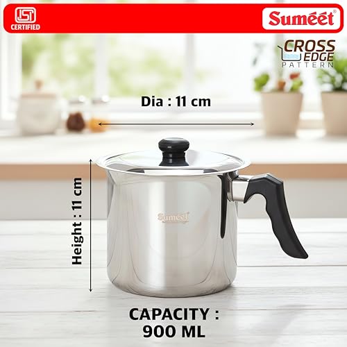 Image of Sumeet ISI Certified HeavyPly Premium Stainless Steel Cross Edge Induction & Gas Stove Friendly Milk /Tea /Coffee Maker /Warmer with Lid - 900ml