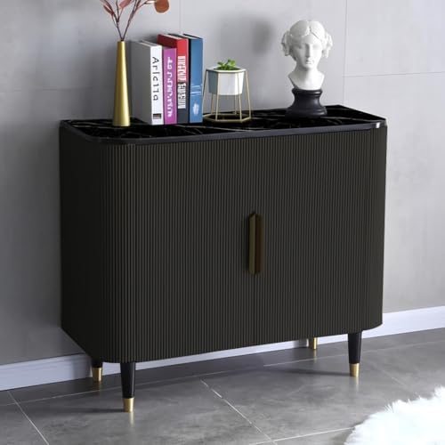 Image of Boston Console Table, Black Marble Top, Charcoal Louvers, Golden Accents, 36x15x30 Inch, Waterproof Plywood, 3-Shelf Storage Cabinet, Elegant Entryway or Living Room Display Table (Black)