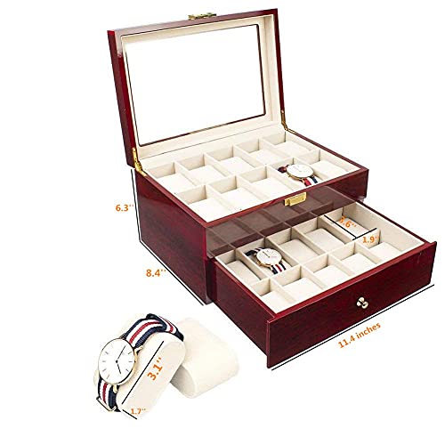 Nisorpa 20 Slots Wooden Watch Box Glass Top Men Watches Display Case Organizer Women Watch Collection Boxes Red,Gift For Christmas Valentine’s Day Mother's Day #TOP1