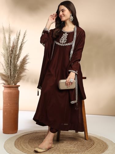 Image of MOKOSH Women's Silk Embroidery Anakrali Kurta Pant with Dupatta | Anarkali Kurta Set | Round Neck Full Sleeve Ethnic Suit | Floral Kurta 7 Colour Option Available | 3 Piece Outfit