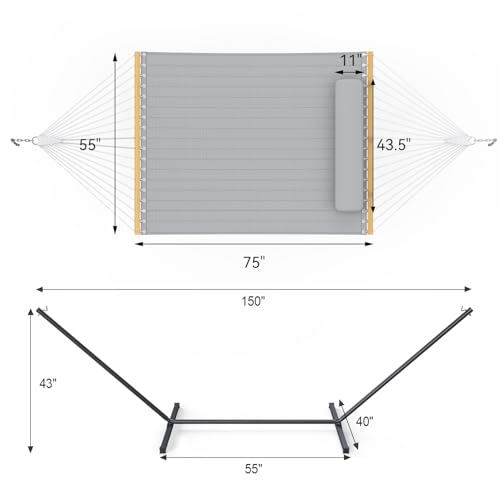 Image of Everyfun 2 Person Outdoor Hammock with Stand, Cotton Rope Hammock with Polyester Pad, Adjustable Steel Frame, Portable with Carrying Bag - for Patio, Backyard, Garden, Beach,Dark-Gray
