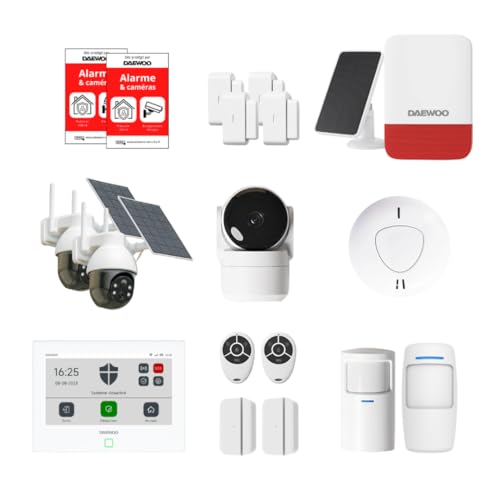 Daewoo Security - Alarma inalámbrica para el hogar Inteligente - Ultimate Plus Pack con 2 cámaras de Exterior, 1 cámara Full HD, Sirena Solar para Exteriores y 2 detectores - Sin suscripción - Alexa
