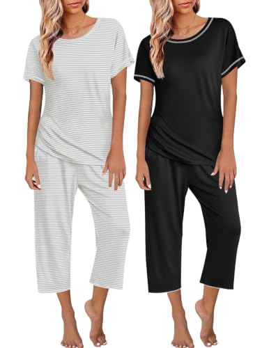 Image of Ekouaer 2 Pack Womens Pajamas Sets Short Sleeve Tops and Capri Pants Pjs Colorful Printed Sleepwear Sets