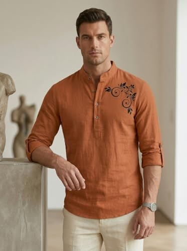 Image of DEEMOON Men's Full Sleeve Short Kurta Shirt with a Trendy Mandarin Collar Crafted from a Premium Cotton Blend for Comfort Ideal for Casual and Semi-Formal Occasions