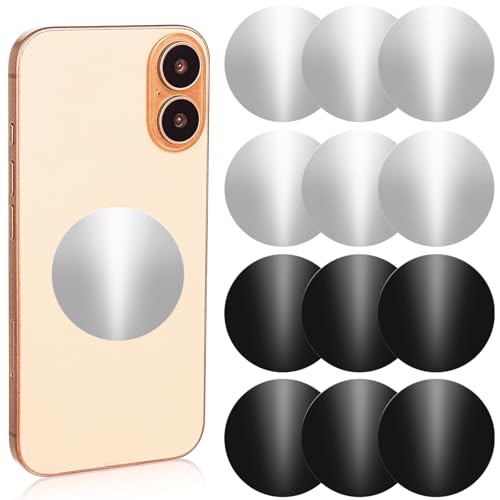 TIESOME 12 placas de metal autoadhesivas, discos magnéticos fuertes para teléfono, para figuras de coche, soporte de teléfono plateado y negro