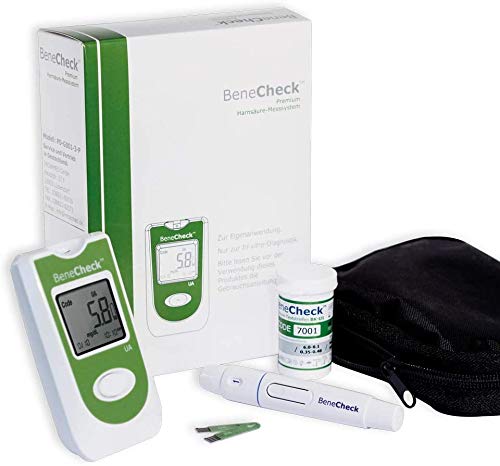 BeneCheck Premium Harnsäure-Messgerät mit Etui, Stechhilfe, Lanzetten (mit 60 Teststreifen)
