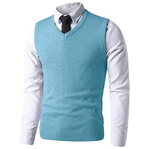 LTIFONE Mens Slim Fit V Neck Sweater Vest Basic Plain Short Sleeve Sweater Pullover Sleeveless Sweaters with Ribbing Edge(Turquoise,L)