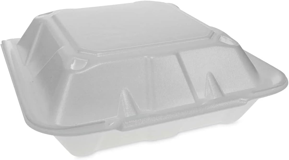 Pactiv Evergreen Vented Foam Hinged Lid Container, Dual Tab Lock Economy, 3-Compartment, 9.13 x 9 x 3.25, White, 150/Carton