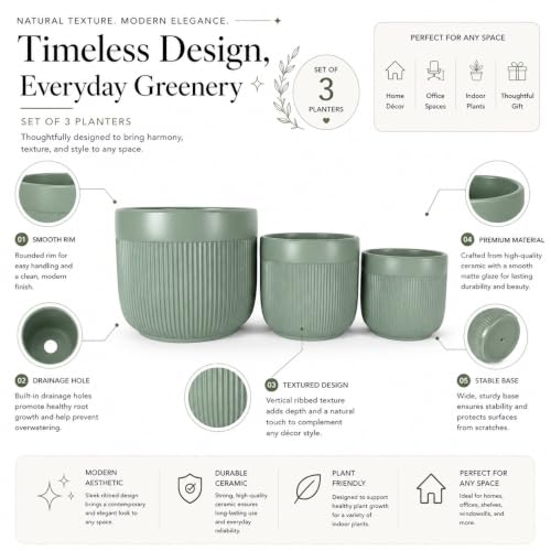 Image of Xtore Verde Ceramic Ribbed Planter Set | Soft Tone Vertical Groove Plant Pots for Home, Office & Living Room Decor - (Set of 3, Green, Planter ONLY)