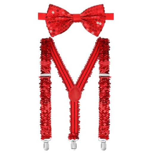 Jadive 2 Pcs Pailletten Hosenträger Set Y Clip mit Glitzer Fliege Krawatte Schleife Kostümzubehör für Disco Karneval Halloween Mottoparty(Hosenträger-Fliege mit Pailletten,Rot)
