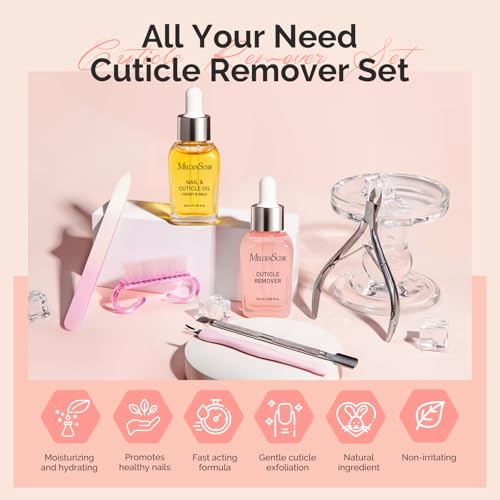 MelodySusie Cuticle Remover Kit,25ML Cuticle Remover Cream and Cuticle Oil,Cuticle Nipper Trimmer Pusher, Nail File and Brush for Cuticle Softener & Moisturize Manicure Kit for Nail Care