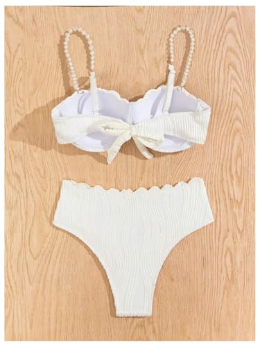 MakeMeChic Women's 2 Piece Bikini Set Textured Pearl Beaded Strap Scallop Trim High Waist Swimsuit3