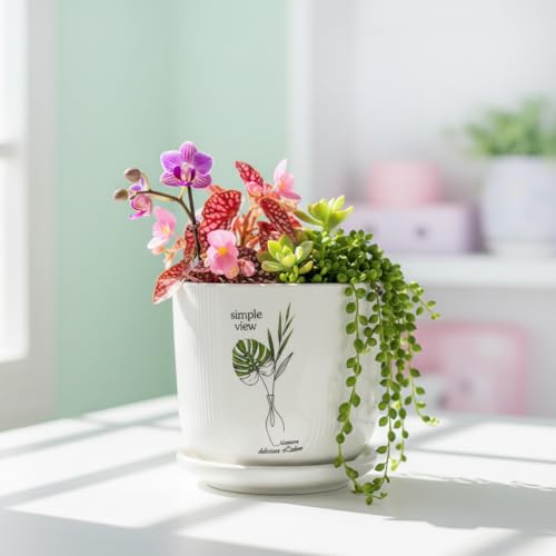 Image of Xtore Ceramic Planter with Drainage Tray | Minimal Botanical Print Flower Pot for Home, Study Table, Office Desk & Window Decor - (White, 1 Piece, Planter ONLY)