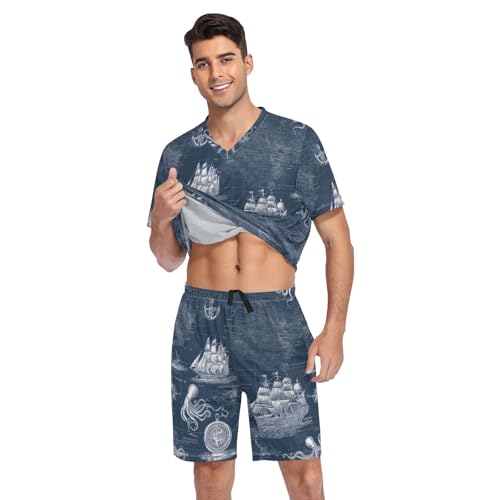 Sailing Boat Men’s Pajama Sets Short Sleeve Lounge Wear with Elastic Waistband and Drawstring3