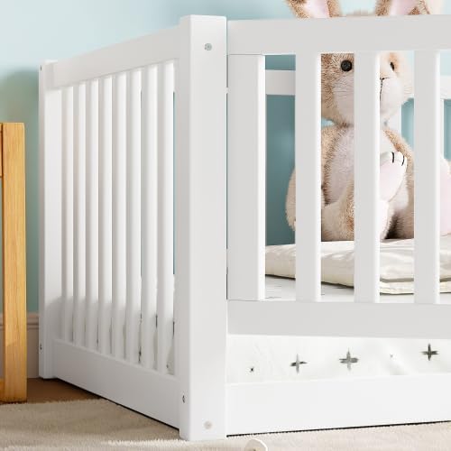 Bellemave Twin Size Kids Floor Bed with Safety Guardrails & Door, Woode Montessori Floor Bed Frame, Kids Twin Bed Frame for Girls Boys, White
