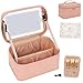 Makeup Bag With LED Mirror, Lightweight Travel Makeup Bag With 3 Color Setting Light Up Mirror Cosmetic Makeup Organizer Vanity Case for Women Beauty Tools Accessories Rechargeable Train Case-Pink