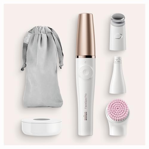 Braun Epilateur Visage Pour Femme FaceSpa Pro SE921 Blanc-Bronze, Epilation Tout-en-Un, Démaquillage Avec Une Brosse Nettoyante Pour Les Peaux Sensibles Et Tête Raffermissante, Portable